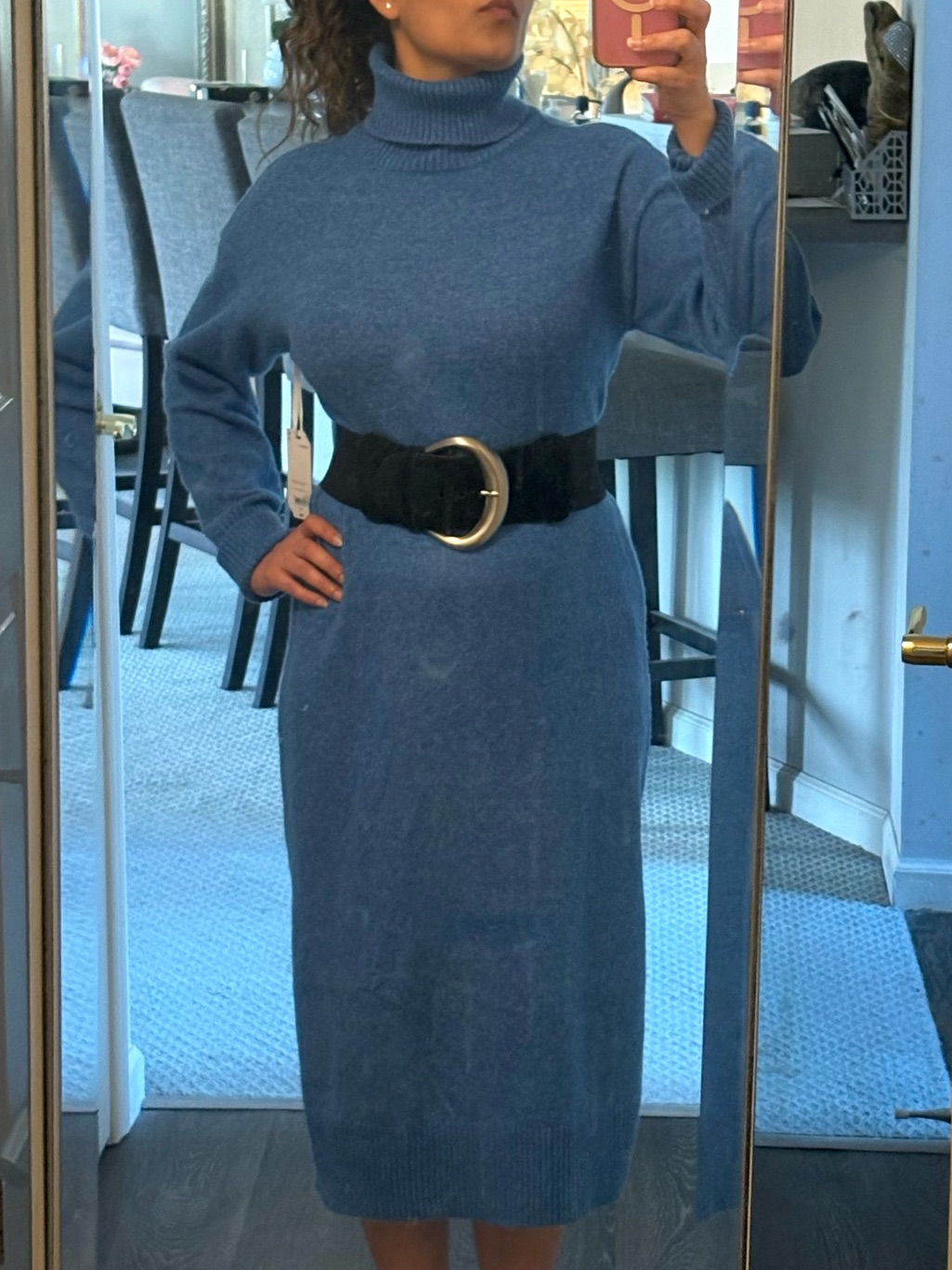 Stylus Blue Turtleneck Maxi Sweater Dress With Side Slits. Belt Not Included.